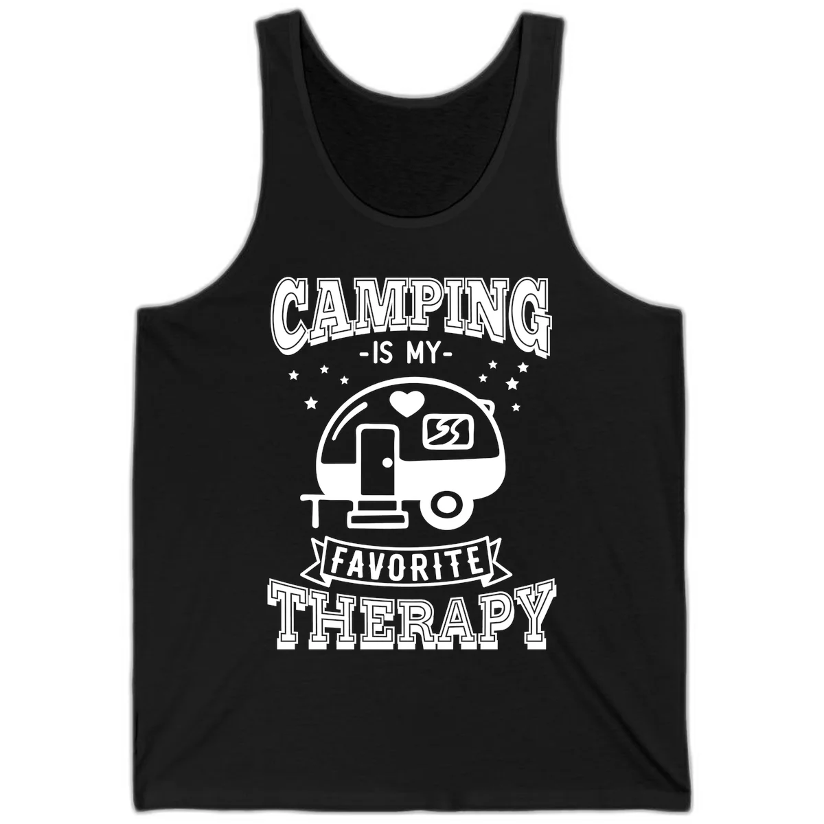 Vintage-style camping therapy design with retro travel trailer, heart, stars, and text reading 'Camping Is My Favorite Therapy' in Black