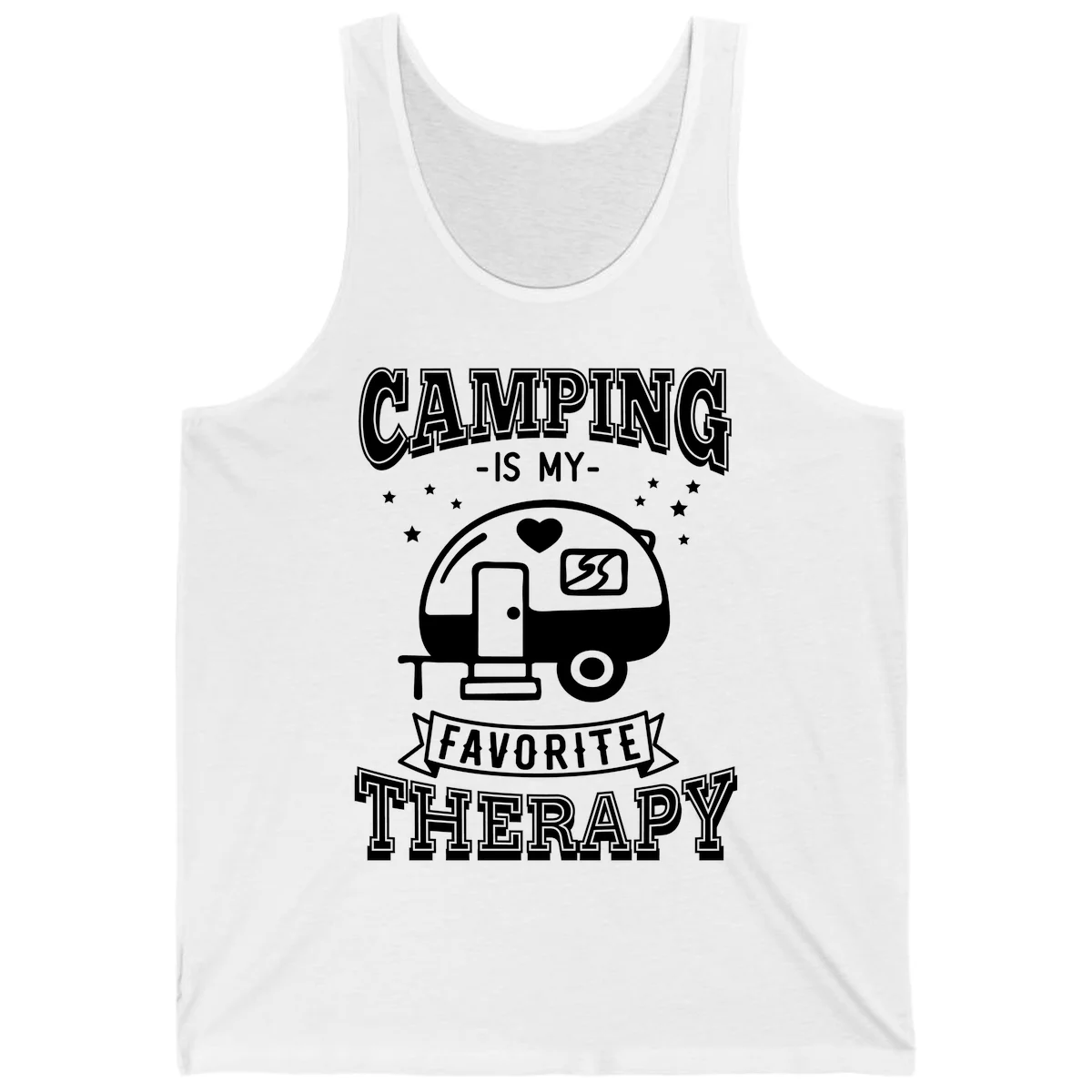 Vintage-style camping therapy design with retro travel trailer, heart, stars, and text reading 'Camping Is My Favorite Therapy' in White