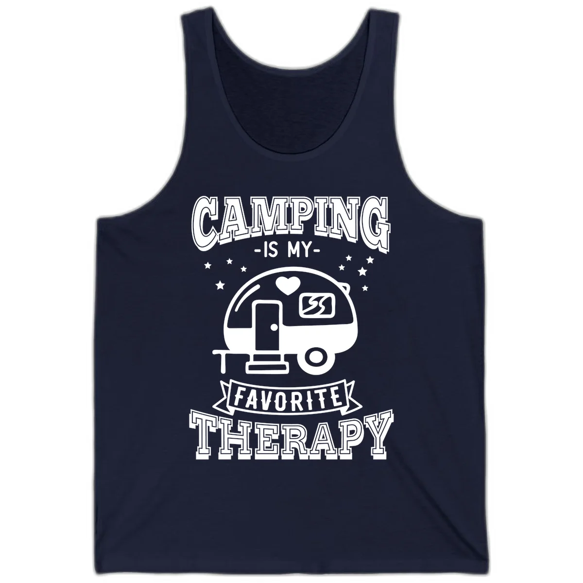 Vintage-style camping therapy design with retro travel trailer, heart, stars, and text reading 'Camping Is My Favorite Therapy' in Navy