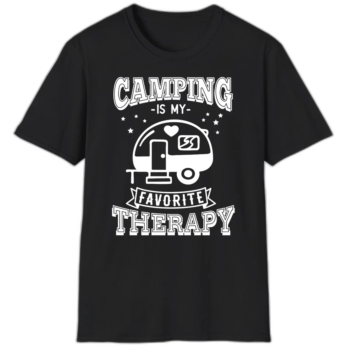 Vintage-style camping therapy design with retro travel trailer, heart, stars, and text reading 'Camping Is My Favorite Therapy' in Black
