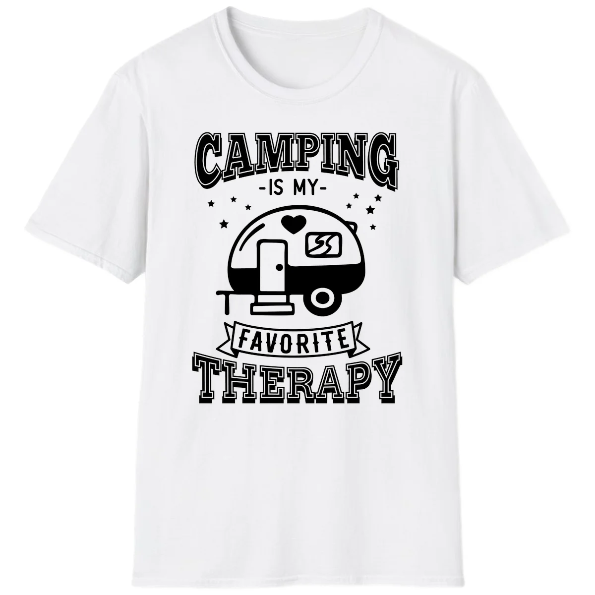 Vintage-style camping therapy design with retro travel trailer, heart, stars, and text reading 'Camping Is My Favorite Therapy' in White