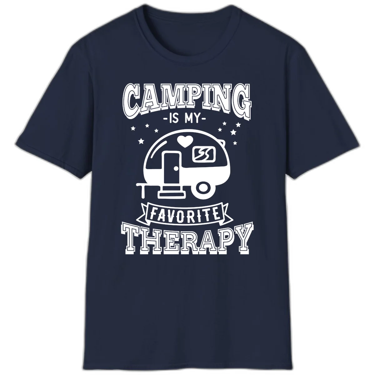Vintage-style camping therapy design with retro travel trailer, heart, stars, and text reading 'Camping Is My Favorite Therapy' in Navy