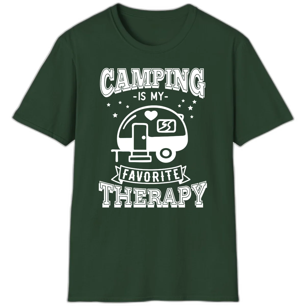 Vintage-style camping therapy design with retro travel trailer, heart, stars, and text reading 'Camping Is My Favorite Therapy' in Forest Green