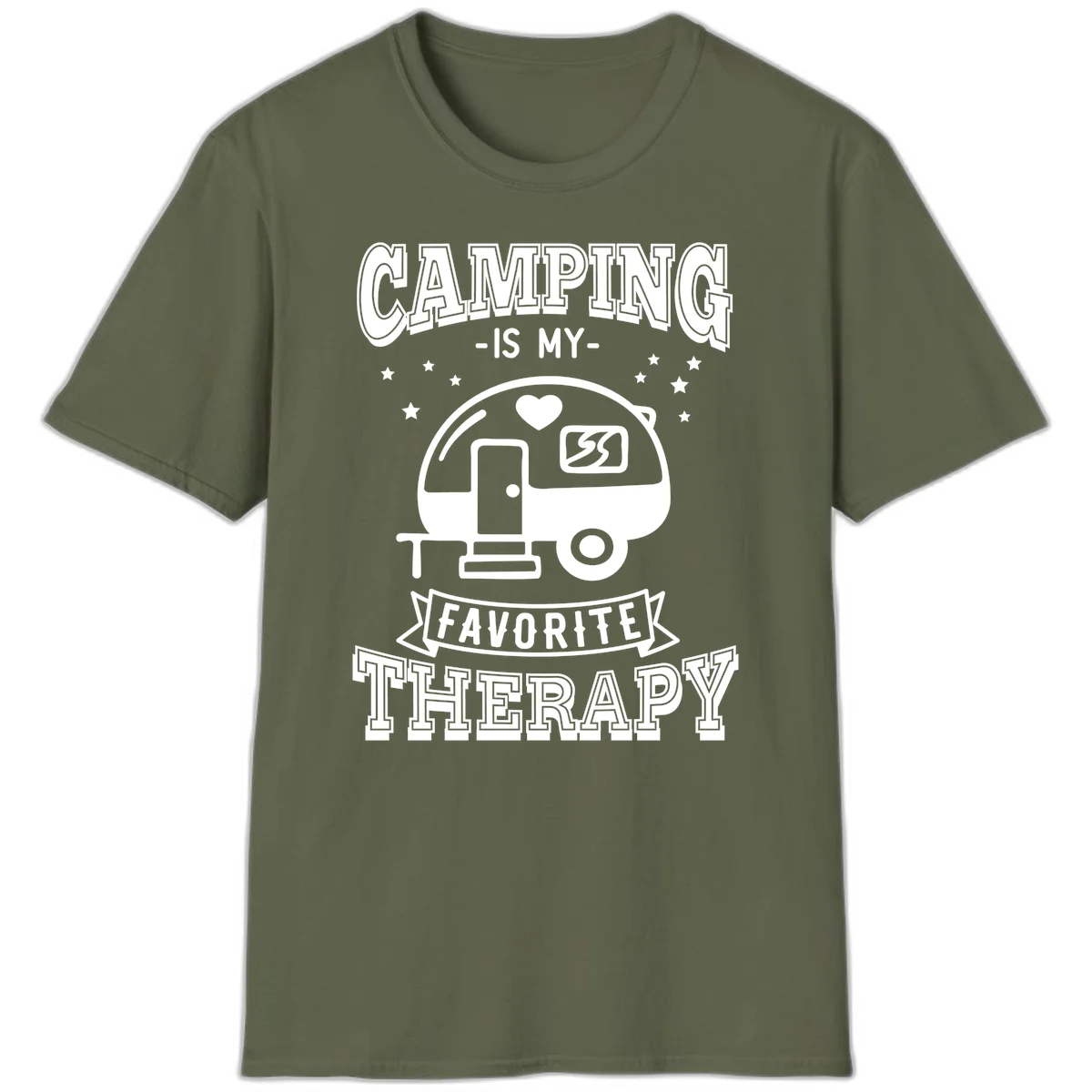 Vintage-style camping therapy design with retro travel trailer, heart, stars, and text reading 'Camping Is My Favorite Therapy' in Military Green