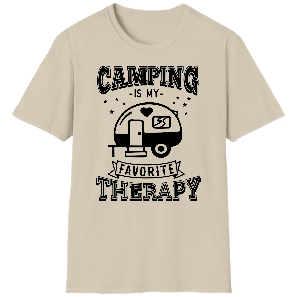 Vintage-style camping therapy design with retro travel trailer, heart, stars, and text reading 'Camping Is My Favorite Therapy' in Sand