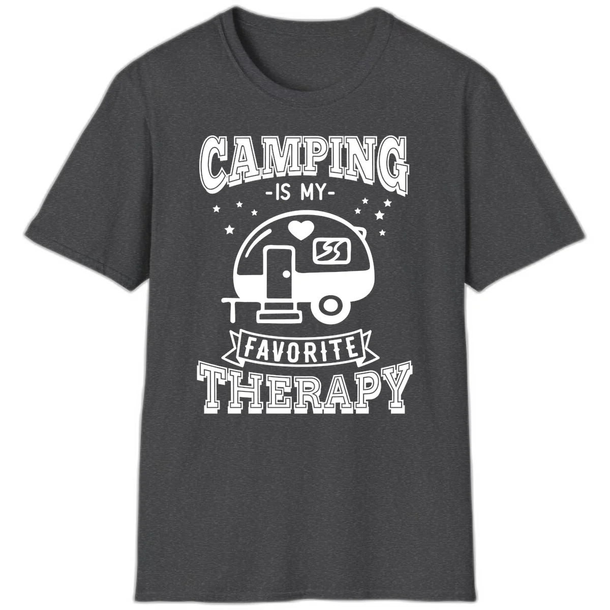 Vintage-style camping therapy design with retro travel trailer, heart, stars, and text reading 'Camping Is My Favorite Therapy' in Dark Heather