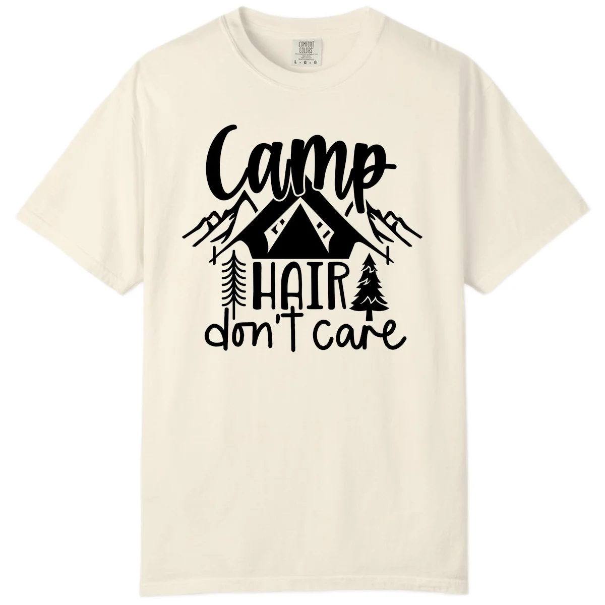 Camp hair don't care design with tent, mountains, pine trees, and campfire illustration with cursive text in Ivory