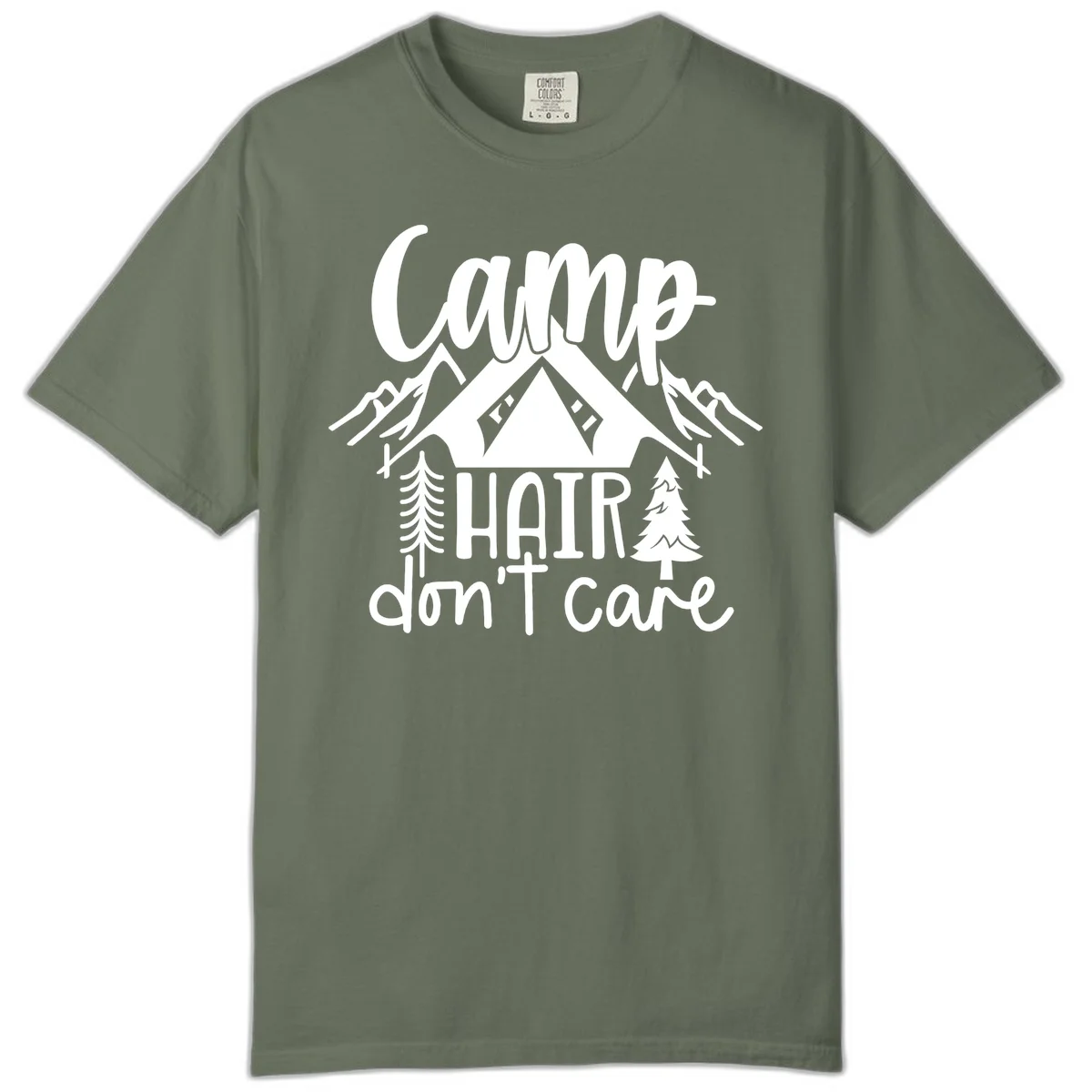 Camp hair don't care design with tent, mountains, pine trees, and campfire illustration with cursive text in Moss