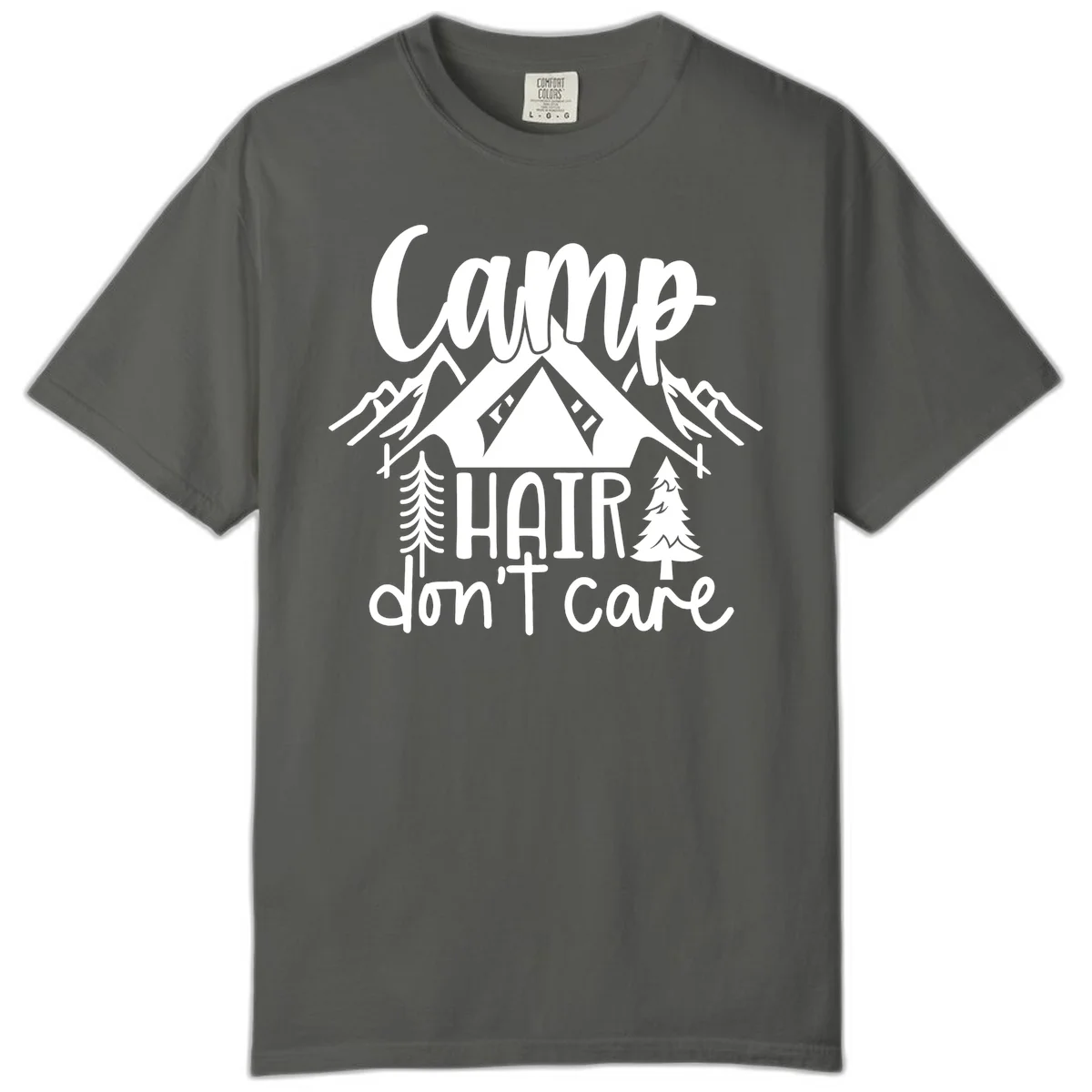 Camp hair don't care design with tent, mountains, pine trees, and campfire illustration with cursive text in Pepper