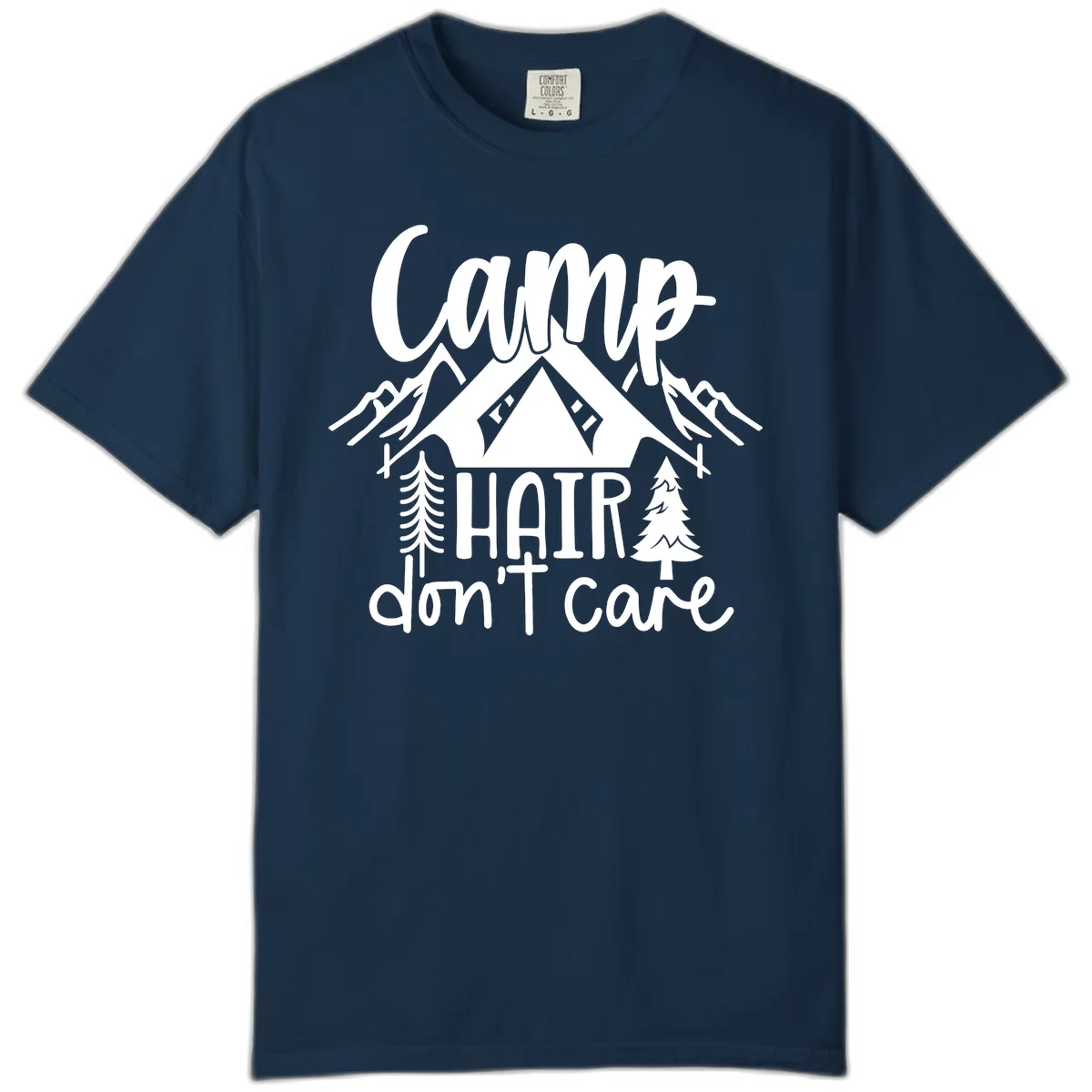 Camp hair don't care design with tent, mountains, pine trees, and campfire illustration with cursive text in True Navy