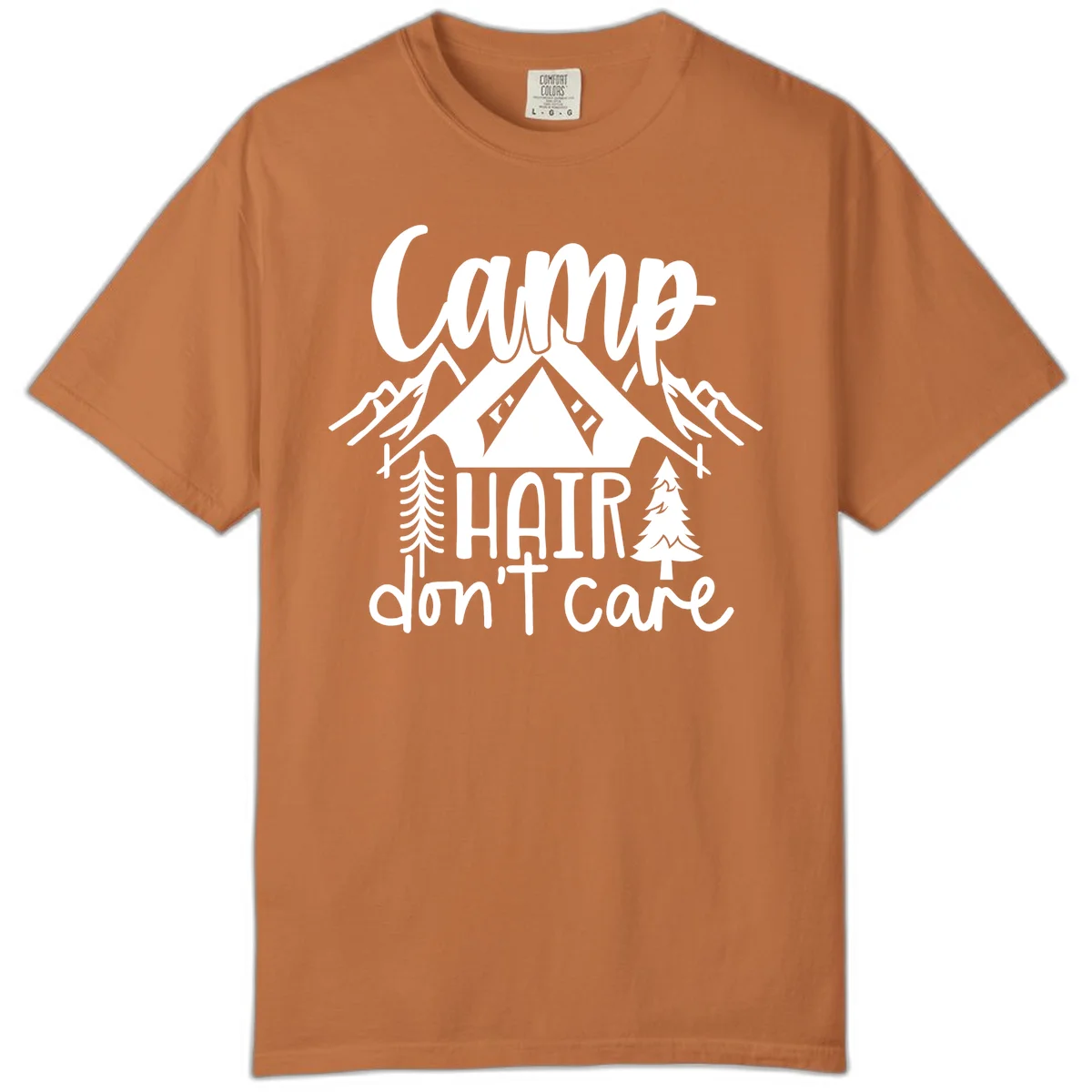 Camp hair don't care design with tent, mountains, pine trees, and campfire illustration with cursive text in Yam