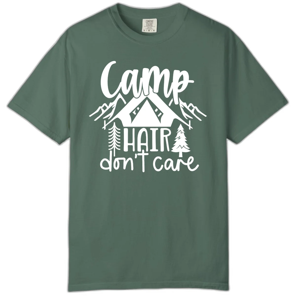 Camp hair don't care design with tent, mountains, pine trees, and campfire illustration with cursive text in Blue Spruce