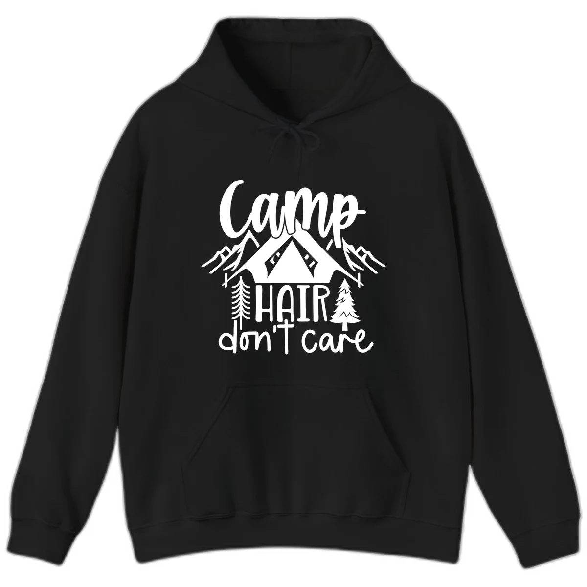 Camp hair don't care design with tent, mountains, pine trees, and campfire illustration with cursive text in Black