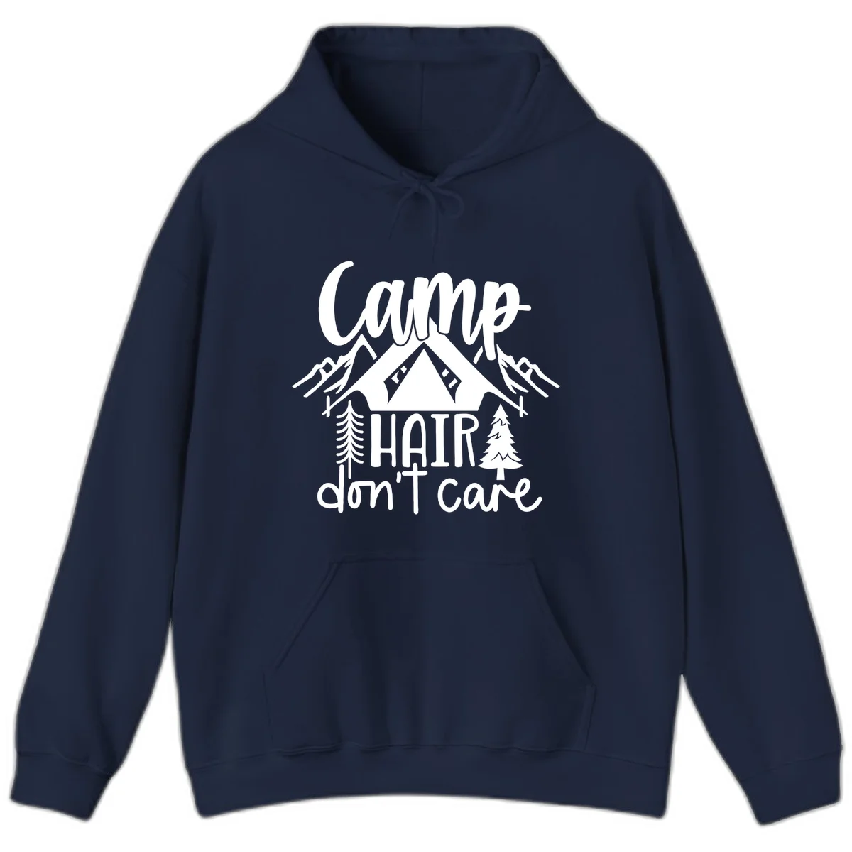 Camp hair don't care design with tent, mountains, pine trees, and campfire illustration with cursive text in Navy
