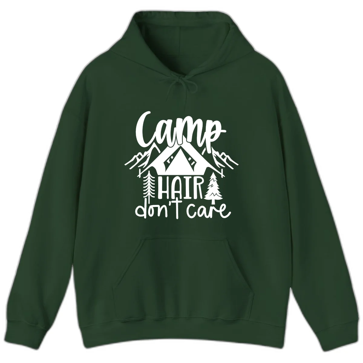 Camp hair don't care design with tent, mountains, pine trees, and campfire illustration with cursive text in Forest Green