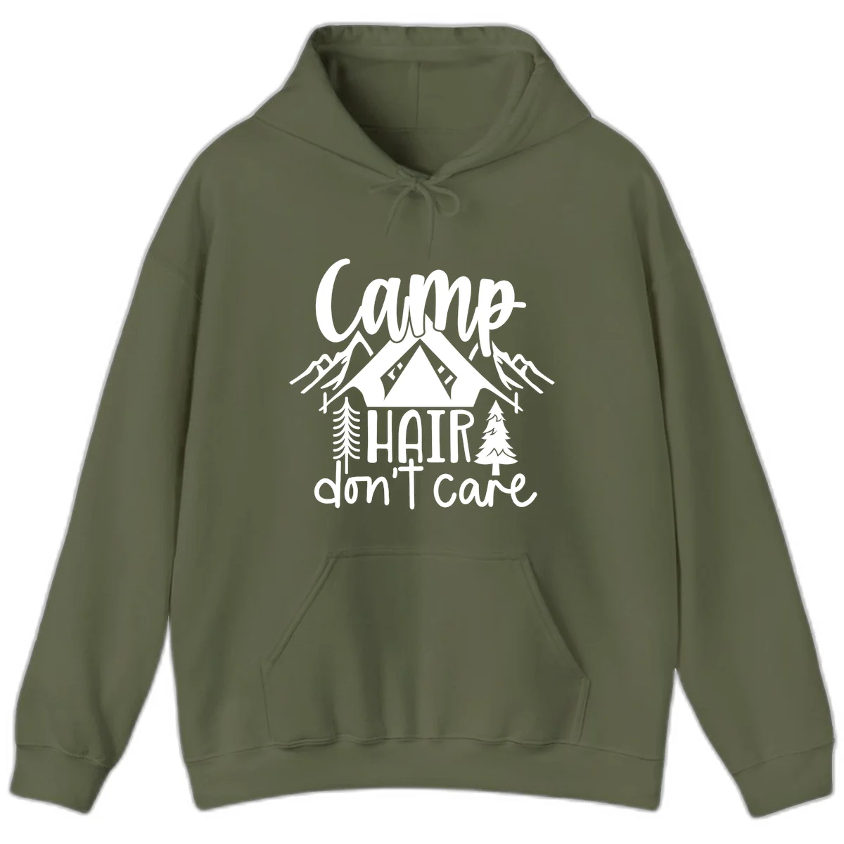 Camp hair don't care design with tent, mountains, pine trees, and campfire illustration with cursive text in Military Green