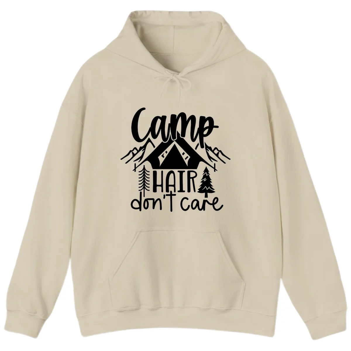 Camp hair don't care design with tent, mountains, pine trees, and campfire illustration with cursive text in Sand