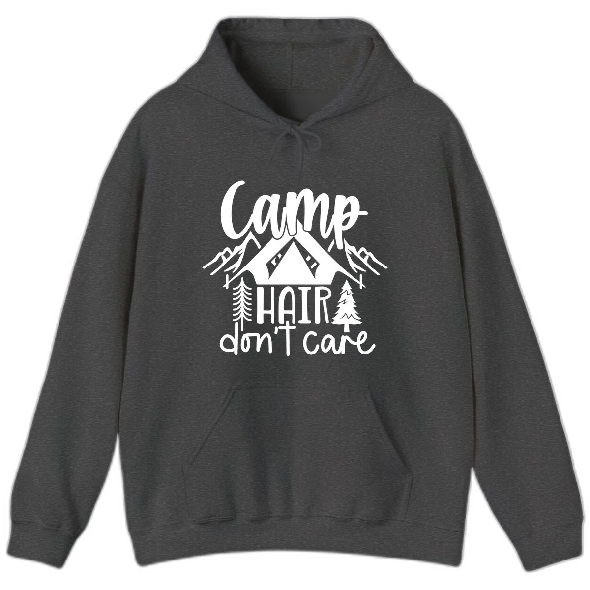 Camp hair don't care design with tent, mountains, pine trees, and campfire illustration with cursive text in Dark Heather
