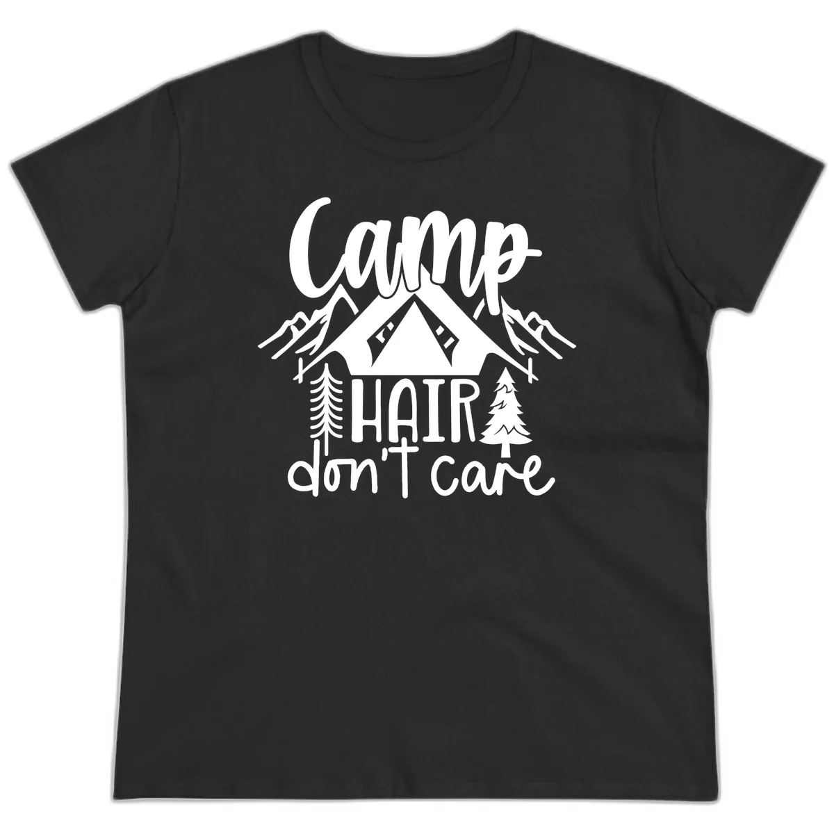Camp hair don't care design with tent, mountains, pine trees, and campfire illustration with cursive text in Black