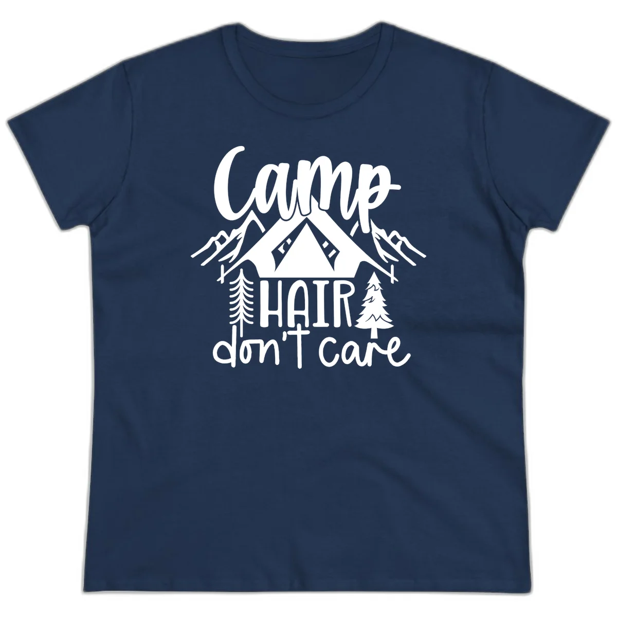 Camp hair don't care design with tent, mountains, pine trees, and campfire illustration with cursive text in Navy