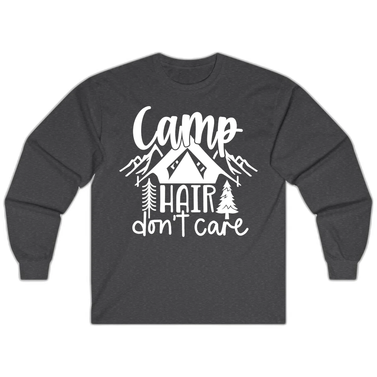Camp hair don't care design with tent, mountains, pine trees, and campfire illustration with cursive text in Dark Heather