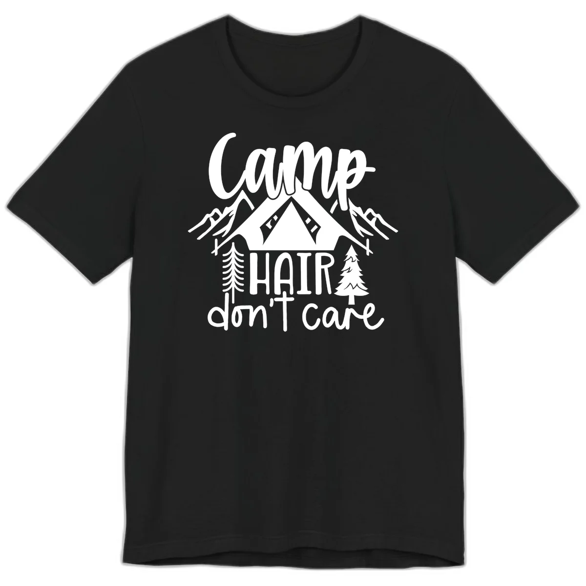 Camp hair don't care design with tent, mountains, pine trees, and campfire illustration with cursive text in Black