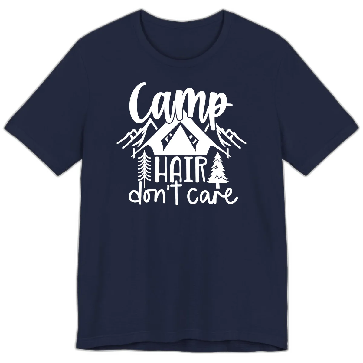 Camp hair don't care design with tent, mountains, pine trees, and campfire illustration with cursive text in Navy