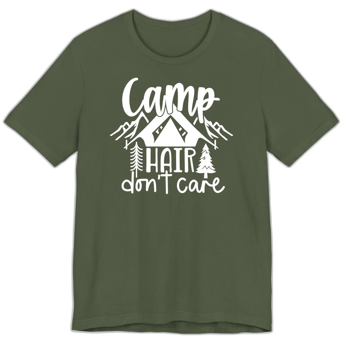 Camp hair don't care design with tent, mountains, pine trees, and campfire illustration with cursive text in Military Green
