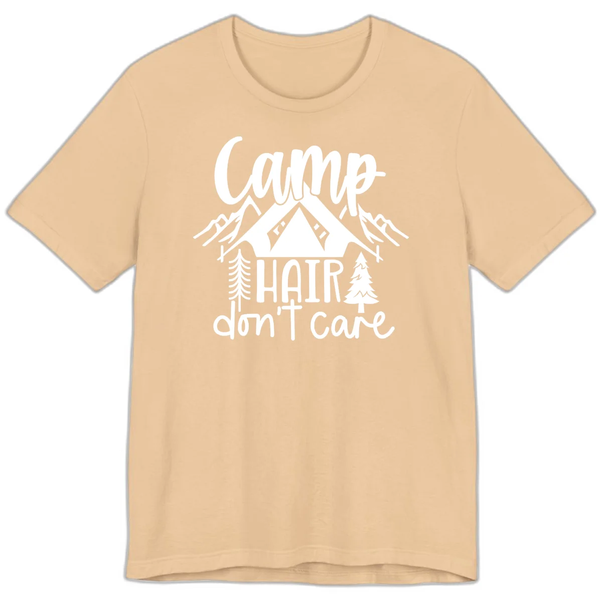 Camp hair don't care design with tent, mountains, pine trees, and campfire illustration with cursive text in Sand Dune
