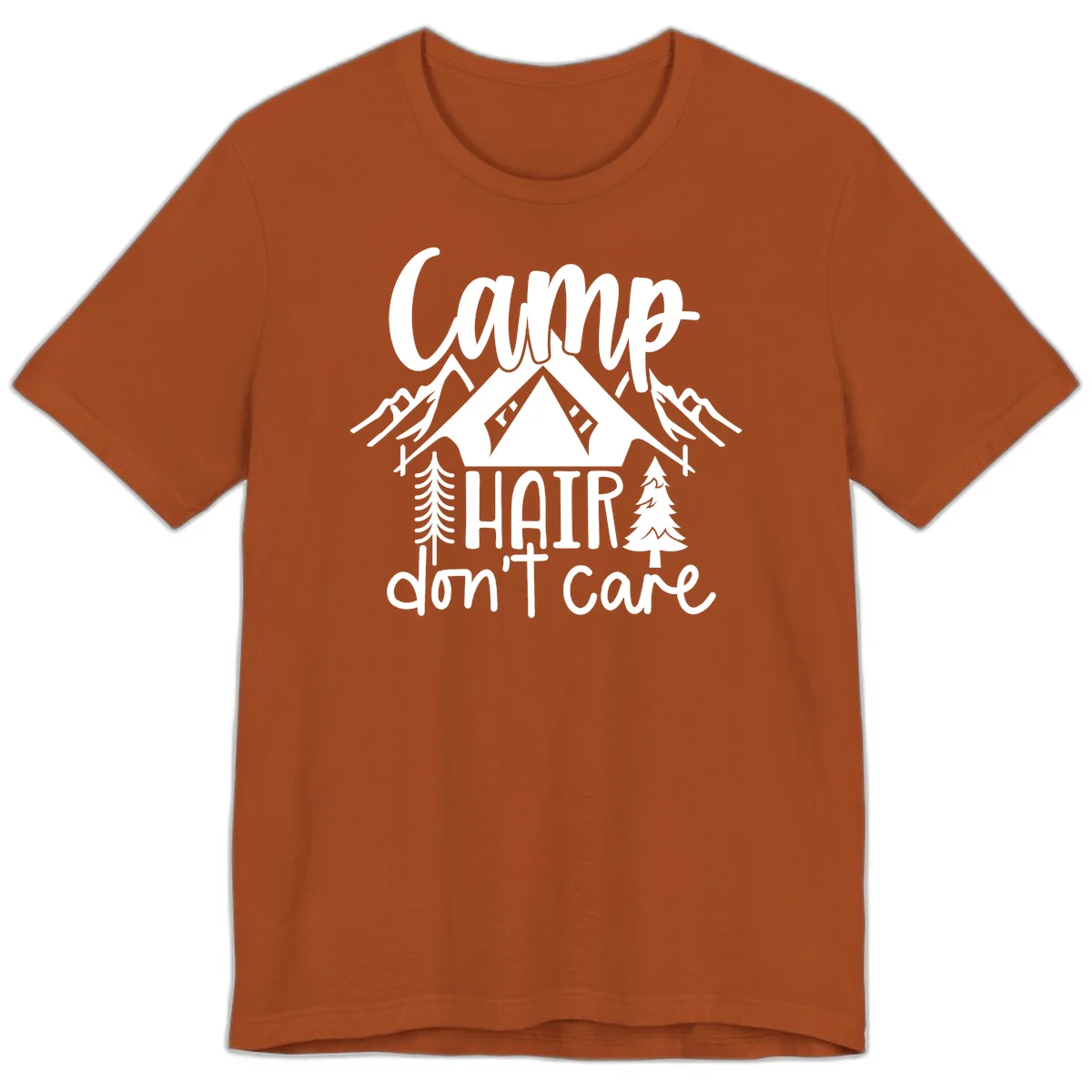 Camp hair don't care design with tent, mountains, pine trees, and campfire illustration with cursive text in Autumn