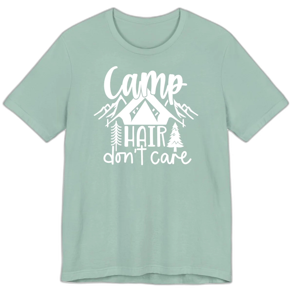 Camp hair don't care design with tent, mountains, pine trees, and campfire illustration with cursive text in Dusty Blue