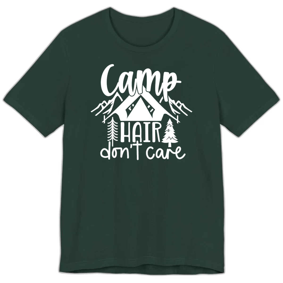 Camp hair don't care design with tent, mountains, pine trees, and campfire illustration with cursive text in Forest