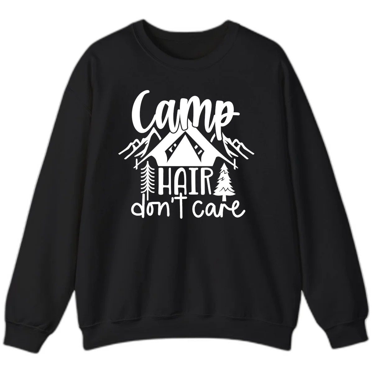 Camp hair don't care design with tent, mountains, pine trees, and campfire illustration with cursive text in Black