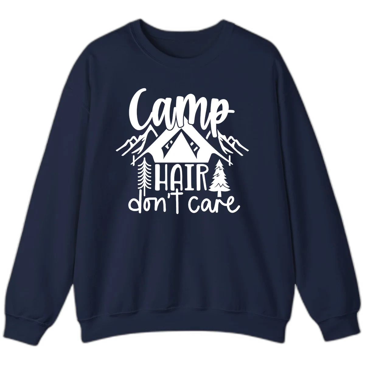 Camp hair don't care design with tent, mountains, pine trees, and campfire illustration with cursive text in Navy