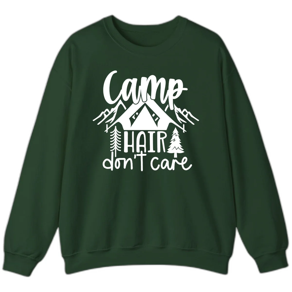 Camp hair don't care design with tent, mountains, pine trees, and campfire illustration with cursive text in Forest Green