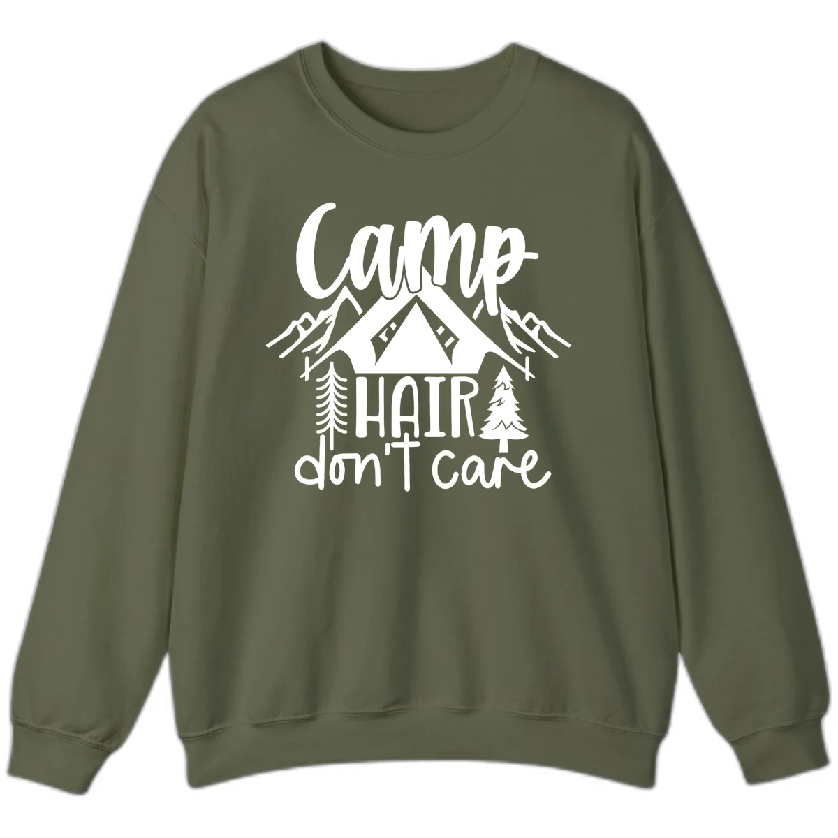 Camp hair don't care design with tent, mountains, pine trees, and campfire illustration with cursive text in Military Green