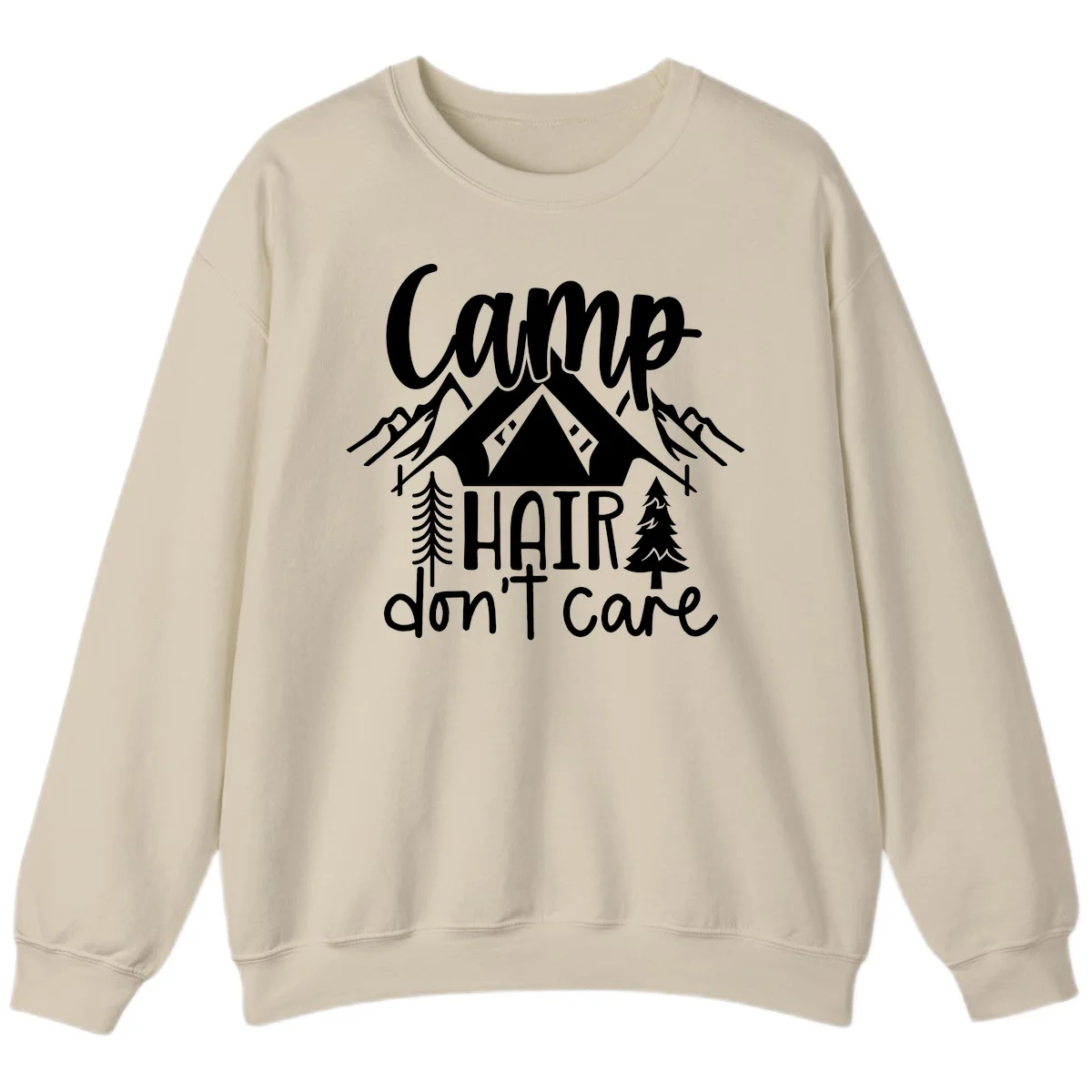 Camp hair don't care design with tent, mountains, pine trees, and campfire illustration with cursive text in Sand