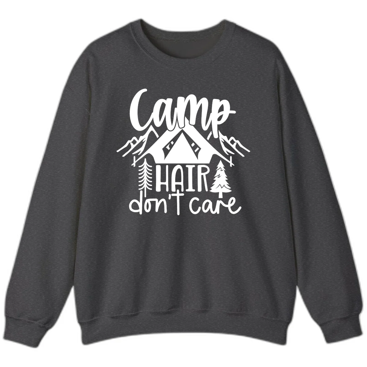 Camp hair don't care design with tent, mountains, pine trees, and campfire illustration with cursive text in Dark Heather