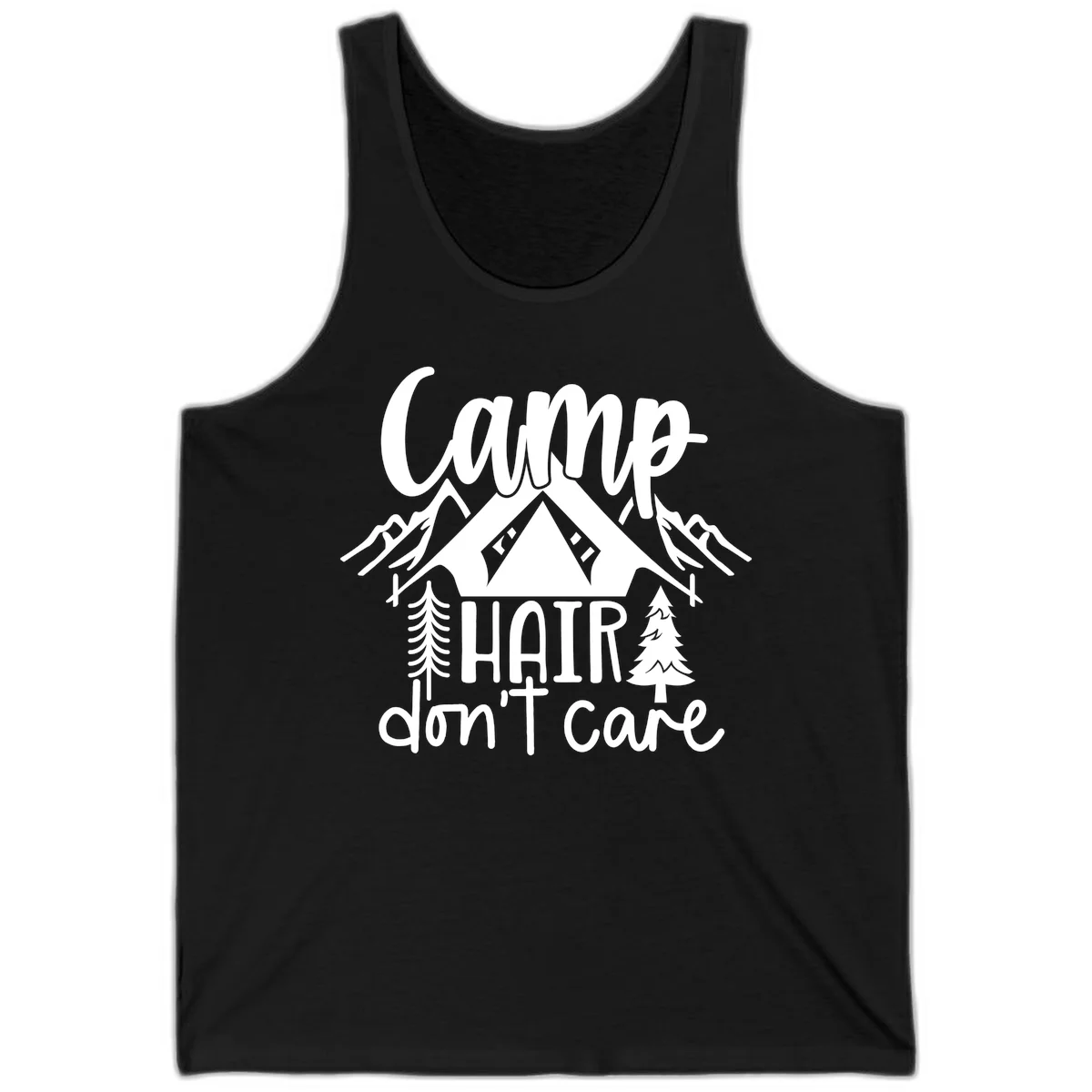 Camp hair don't care design with tent, mountains, pine trees, and campfire illustration with cursive text in Black