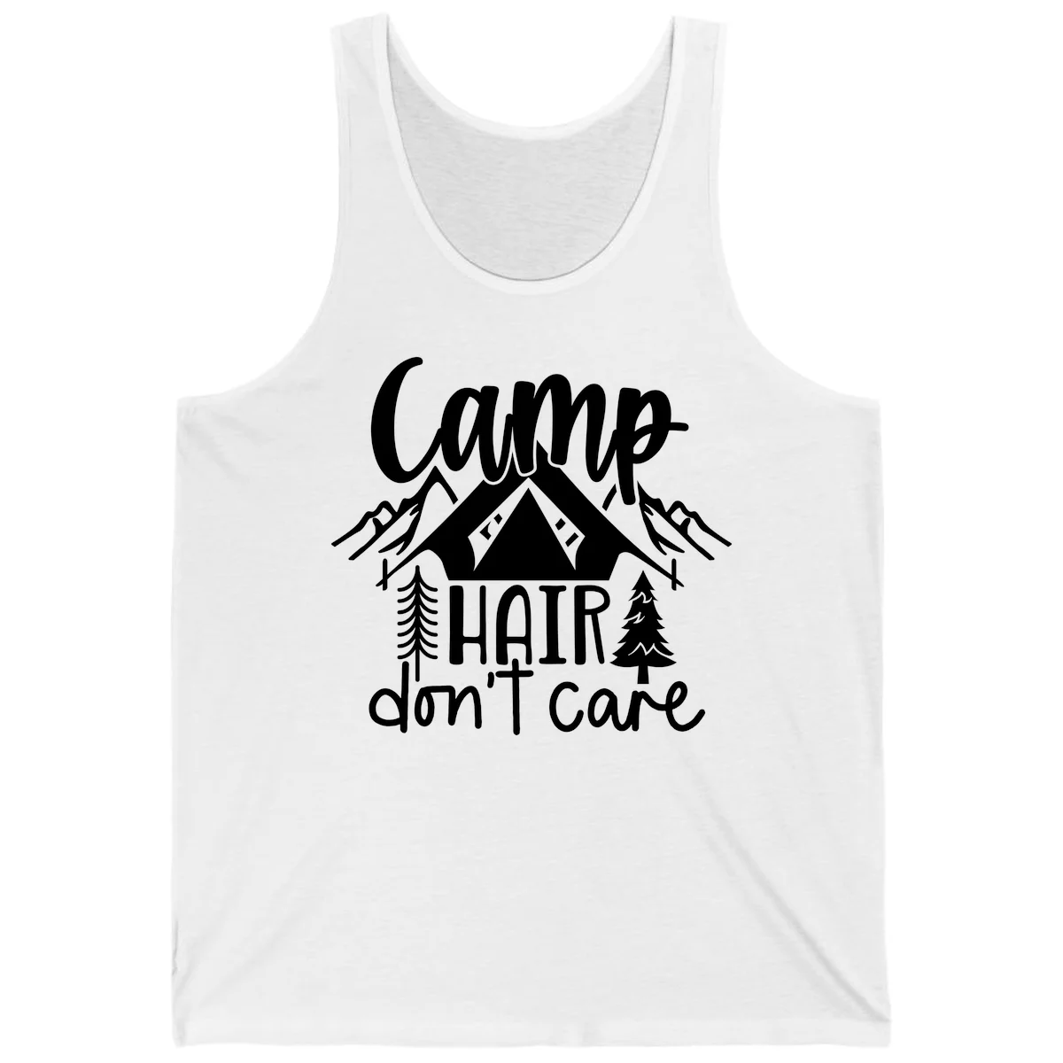 Camp hair don't care design with tent, mountains, pine trees, and campfire illustration with cursive text in White