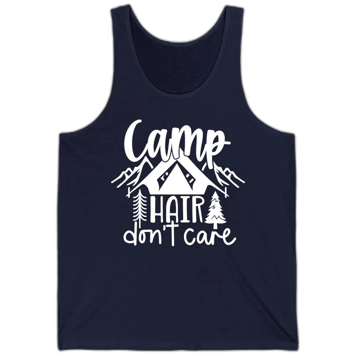 Camp hair don't care design with tent, mountains, pine trees, and campfire illustration with cursive text in Navy