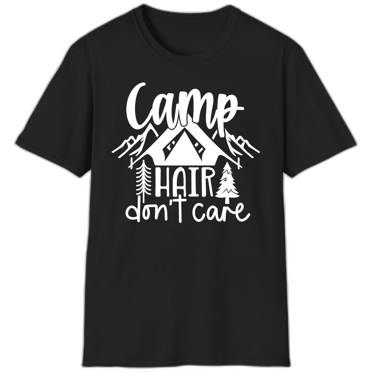 Camp hair don't care design with tent, mountains, pine trees, and campfire illustration with cursive text in Black