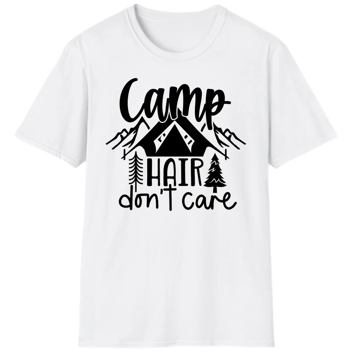 Camp hair don't care design with tent, mountains, pine trees, and campfire illustration with cursive text in White