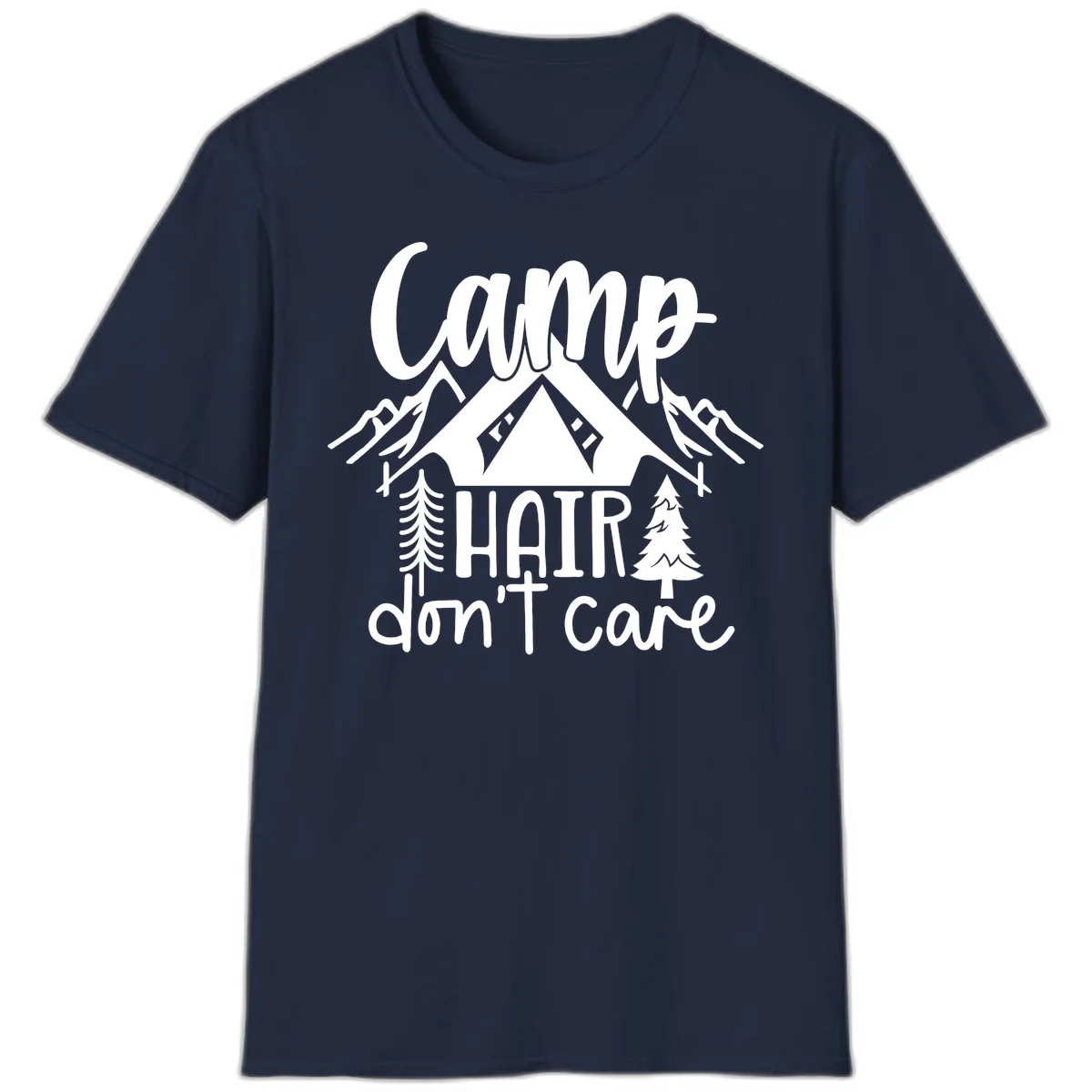 Camp hair don't care design with tent, mountains, pine trees, and campfire illustration with cursive text in Navy