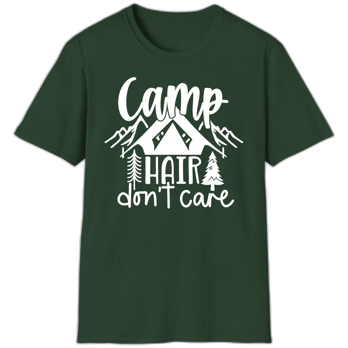 Camp hair don't care design with tent, mountains, pine trees, and campfire illustration with cursive text in Forest Green