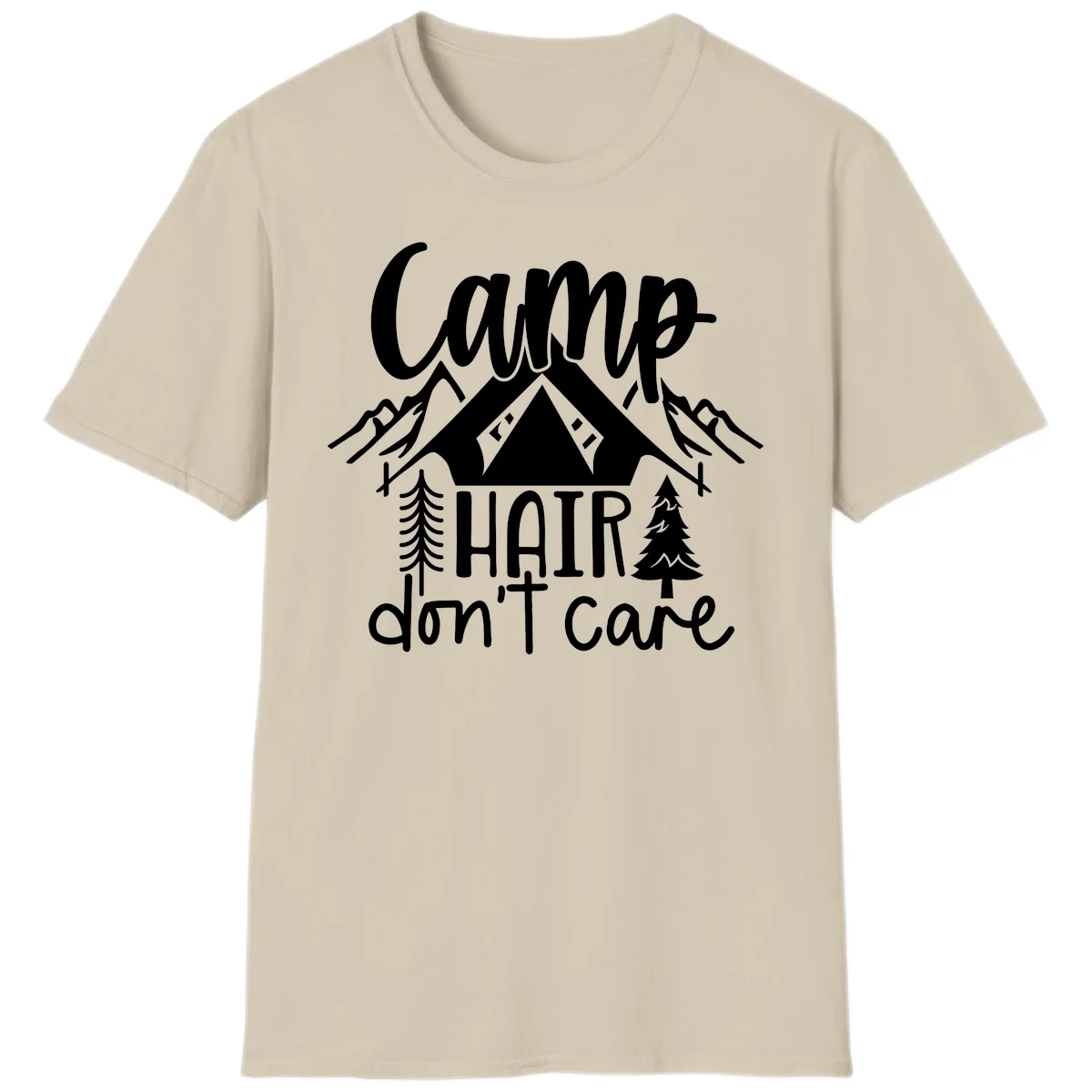 Camp hair don't care design with tent, mountains, pine trees, and campfire illustration with cursive text in Sand