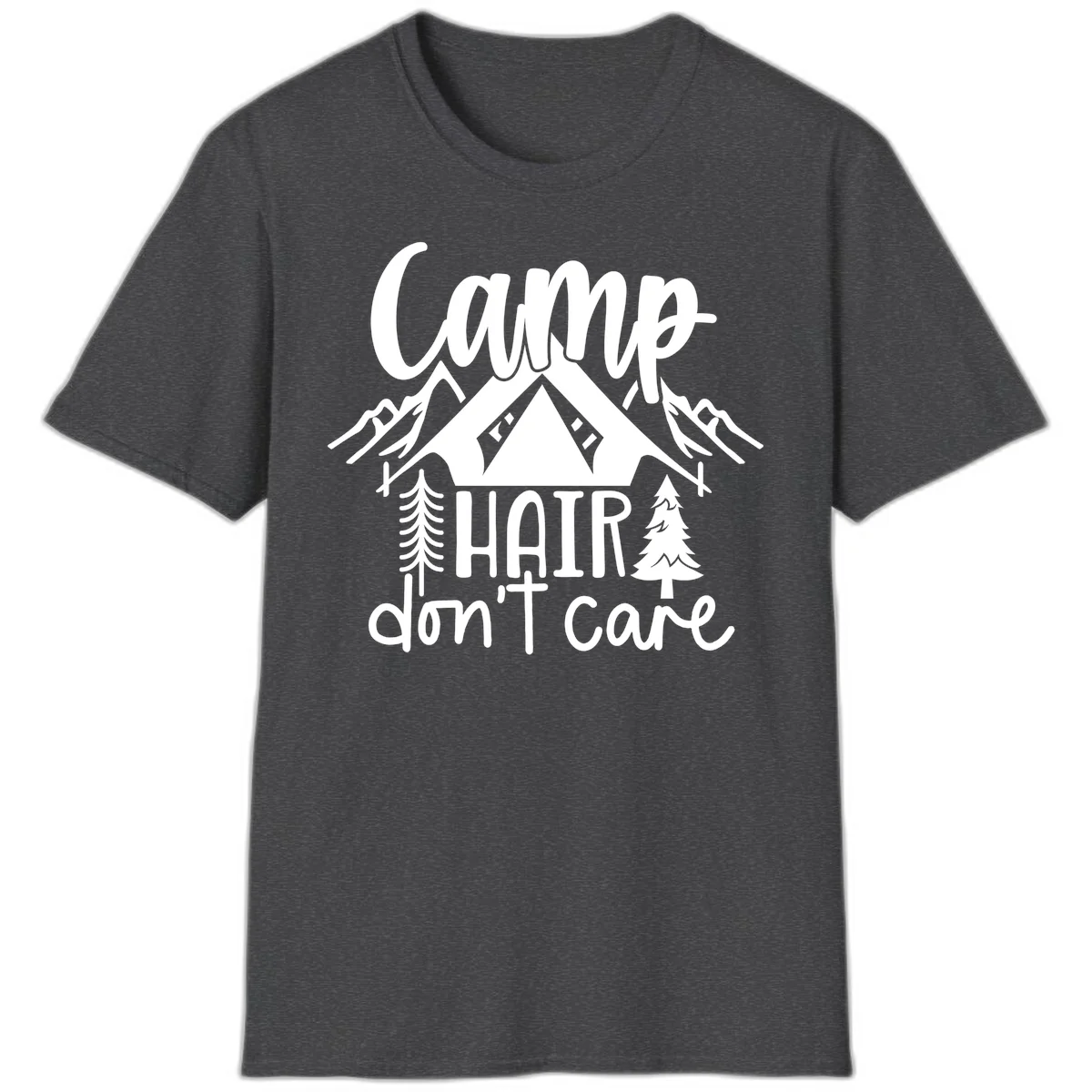 Camp hair don't care design with tent, mountains, pine trees, and campfire illustration with cursive text in Dark Heather
