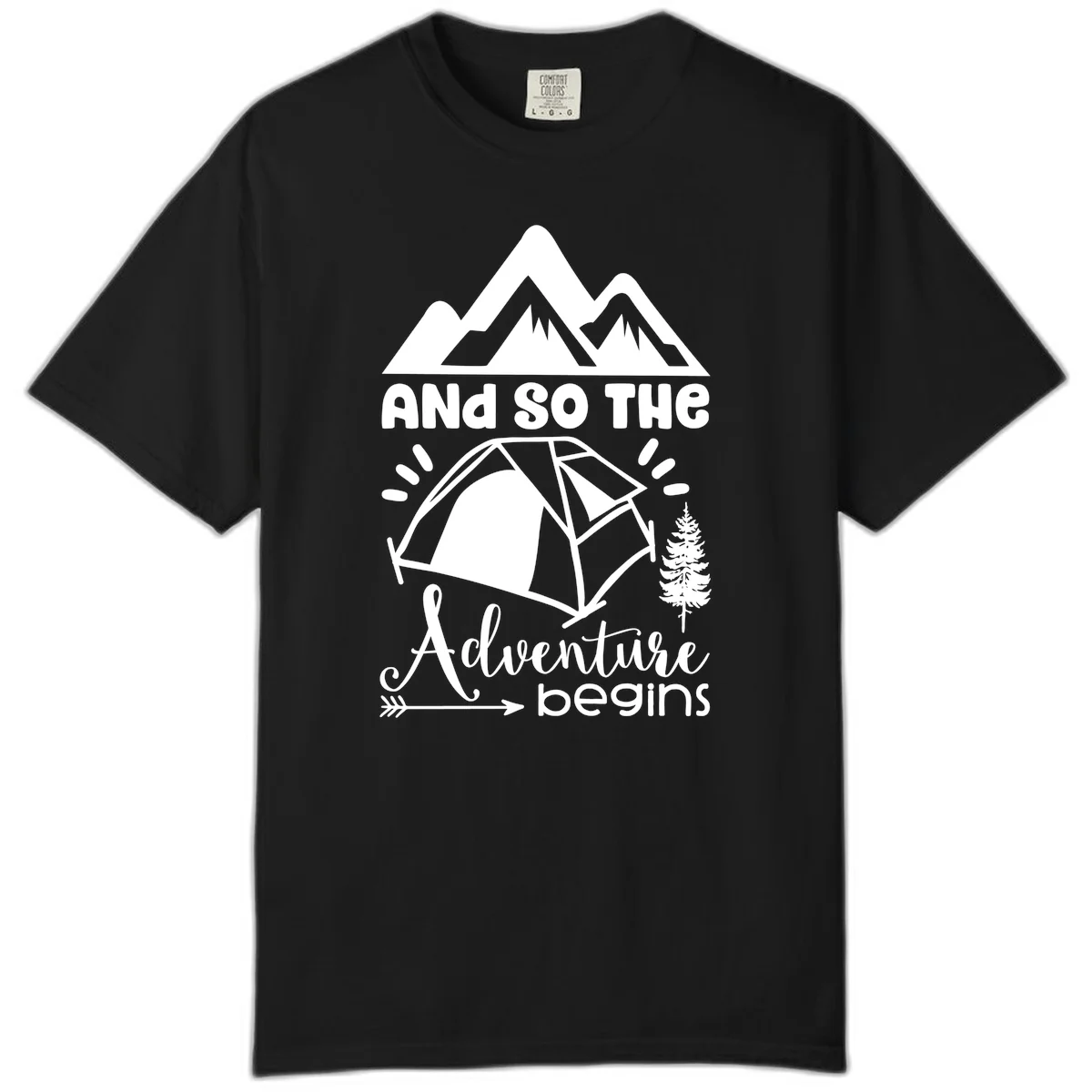 Adventure begins camping design with snow mountains, tent, tree, and motivational text on gray background in Black