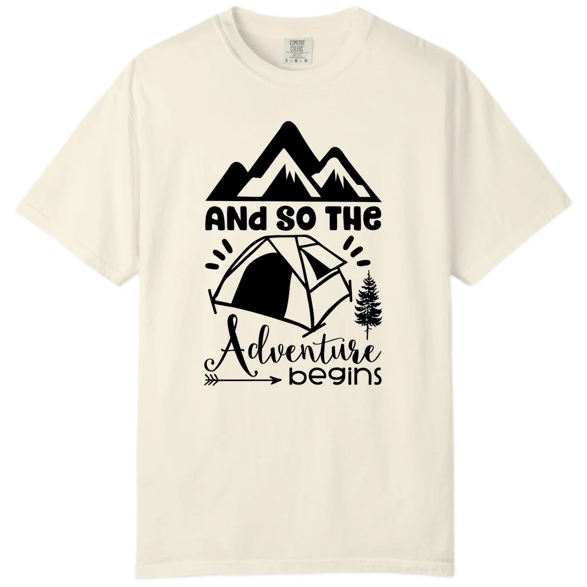 Adventure begins camping design with snow mountains, tent, tree, and motivational text on gray background in Ivory