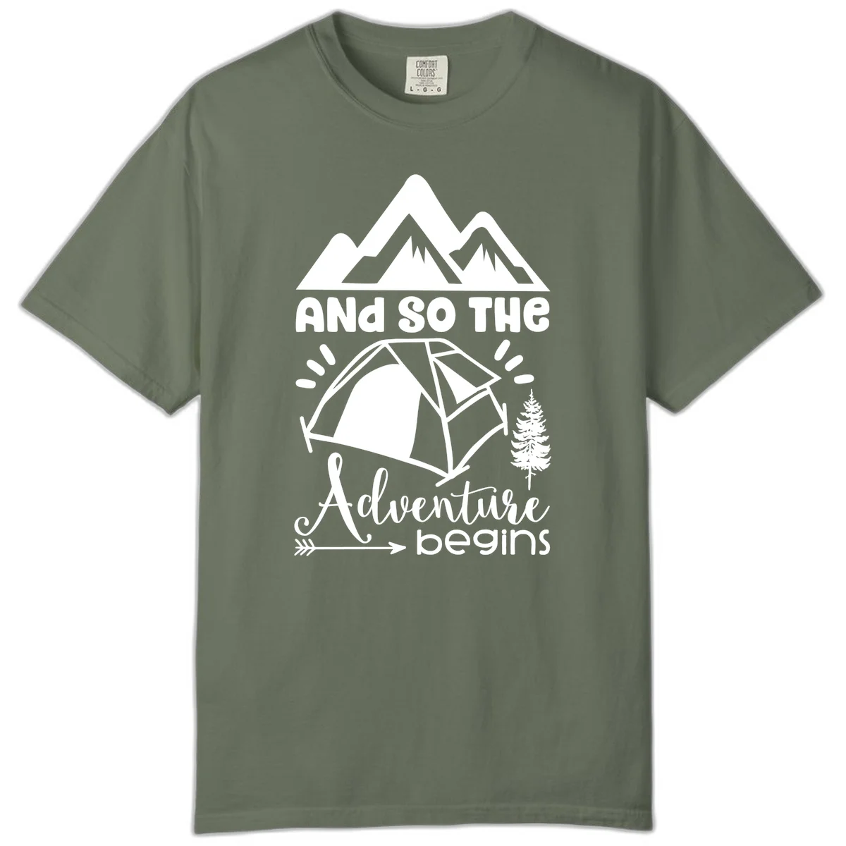Adventure begins camping design with snow mountains, tent, tree, and motivational text on gray background in Moss